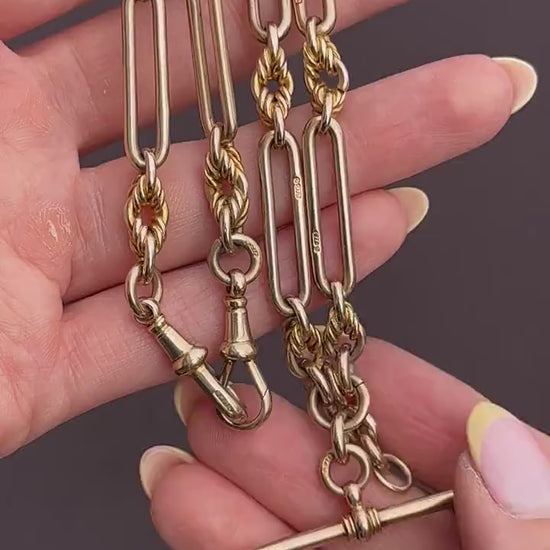 Antique '1925' 9ct Gold Trombone and Love Knot Link Albert Chain Necklace | 16"