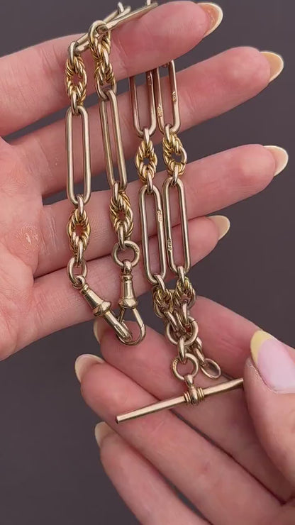 Antique '1925' 9ct Gold Trombone and Love Knot Link Albert Chain Necklace | 16"