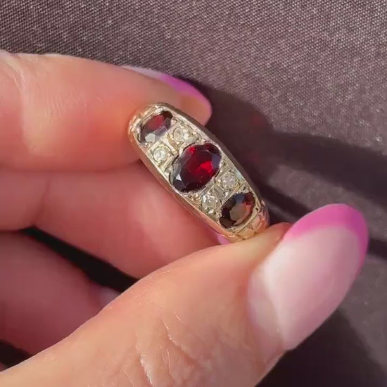 Vintage Garnet and Diamond 9ct Yellow Gold Three Stone Ring Band