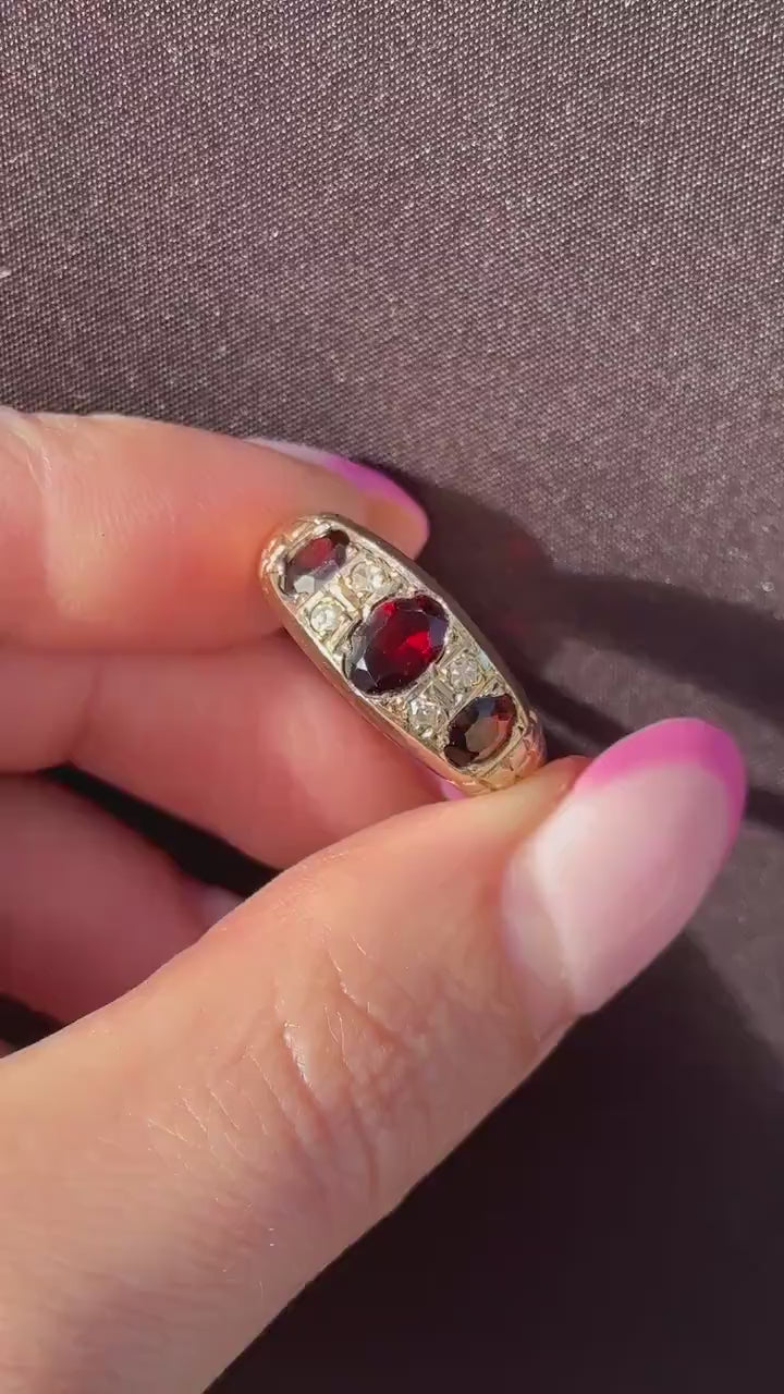 Vintage Garnet and Diamond 9ct Yellow Gold Three Stone Ring Band