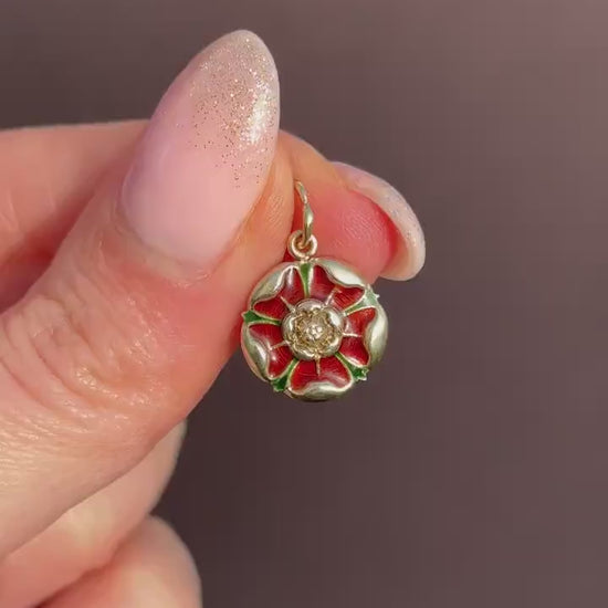 Vintage Red Rose of Lancashire Enamel 9ct Gold Charm