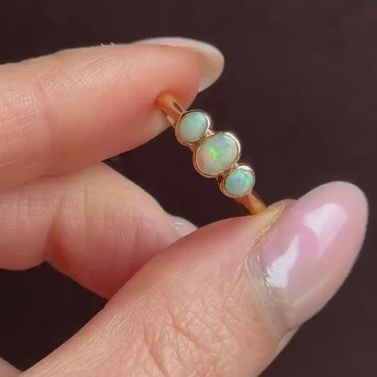 Antique Bezel Opal Three Stone Trilogy 18ct Gold Ring Band
