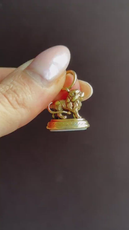 Antique Lion Ornate Sardonyx Fob Seal Pendant Charm