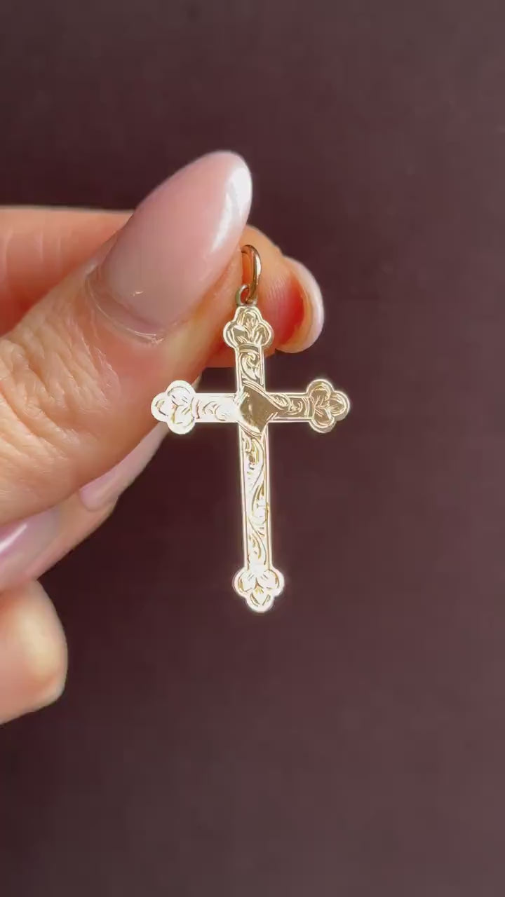 Antique Edwardian 9ct Gold Engraved Cross Pendant
