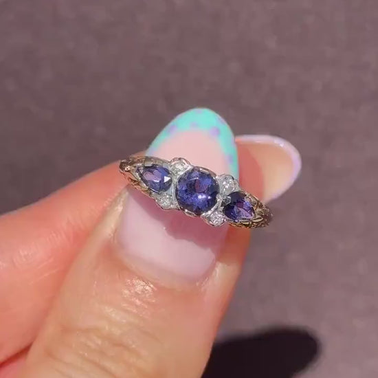 Blue Iolite and Diamond Three Stone 9ct Yellow Gold Scroll Ring Band | Antique Style