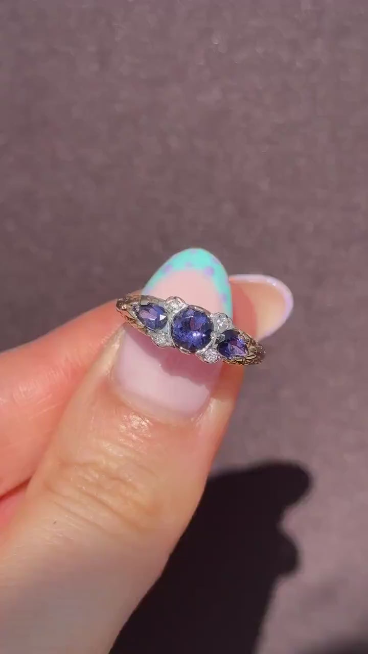 Blue Iolite and Diamond Three Stone 9ct Yellow Gold Scroll Ring Band | Antique Style