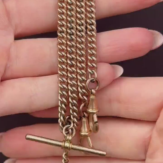 Antique Rolled Gold Curb Albert Chain Necklace | T-Bar and Dog Clips and Fob 16.75"
