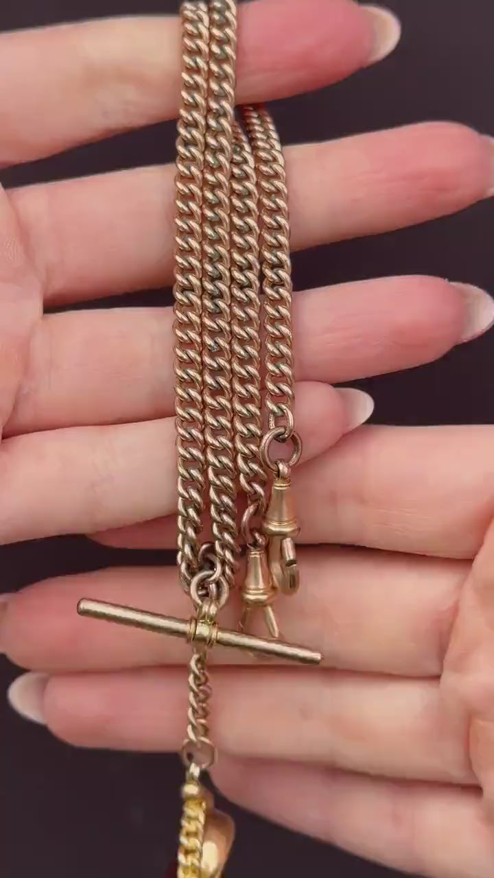 Antique Rolled Gold Curb Albert Chain Necklace | T-Bar and Dog Clips and Fob 16.75"