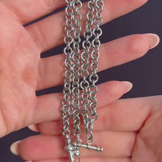 Vintage Sterling Silver Rolo Round Link Watch Chain Necklace with T-Bar and Dog Clips – 18"