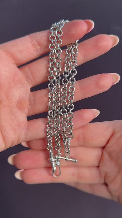 Vintage Sterling Silver Rolo Round Link Watch Chain Necklace with T-Bar and Dog Clips – 18"