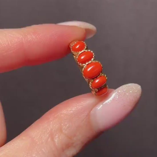 Coral Five Stone 9ct Yellow Gold Ring Band | Antique Georgian Style
