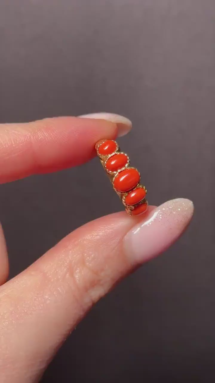 Coral Five Stone 9ct Yellow Gold Ring Band | Antique Georgian Style