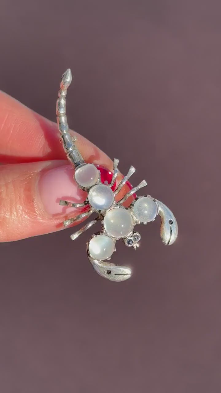 Antique Edwardian Moonstone Scorpion Silver Brooch Pin
