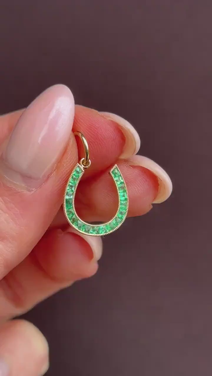 0.40ct French Cut Emerald Horseshoe 18ct Gold Charm Pendant