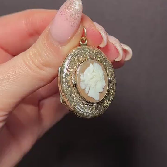 Antique 9ct Gold Engraved Oval Carved Cameo Locket Pendant