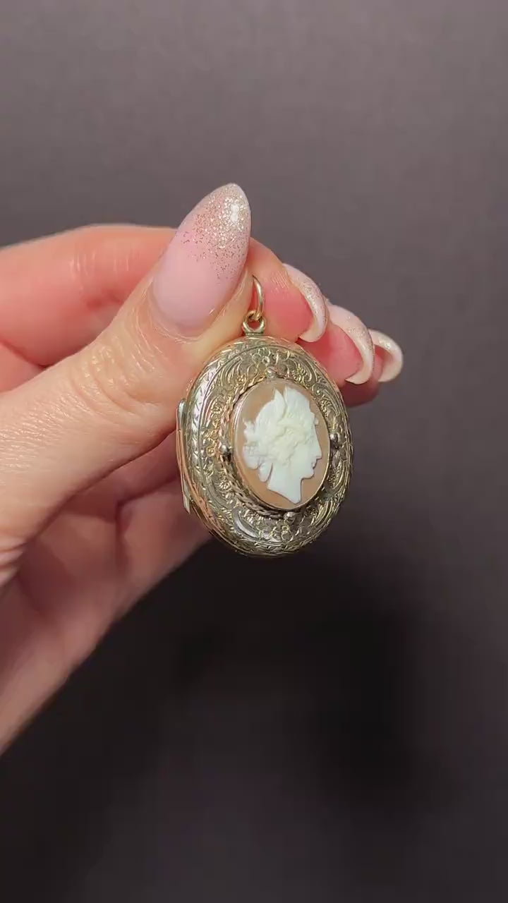 Antique 9ct Gold Engraved Oval Carved Cameo Locket Pendant