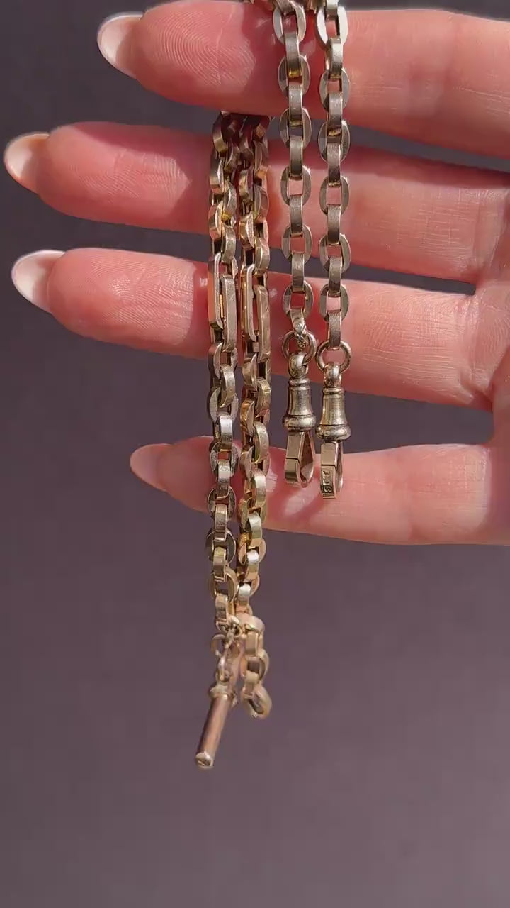 Antique 15.5" 9ct Gold Oval Cable Link Double Albert Watch Chain Necklace