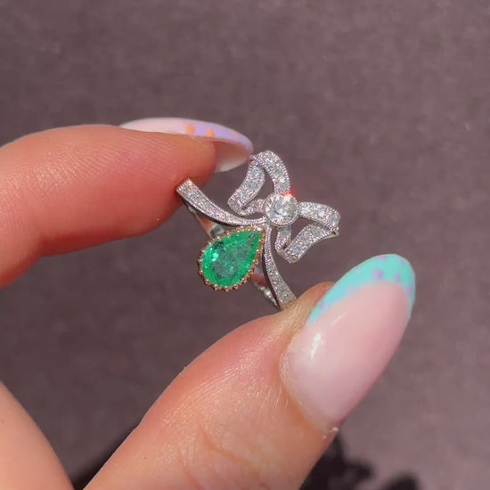 Pear Cut Emerald and Diamond Bow Platinum Tiara Ring | Engagement | Belle Epoque Style