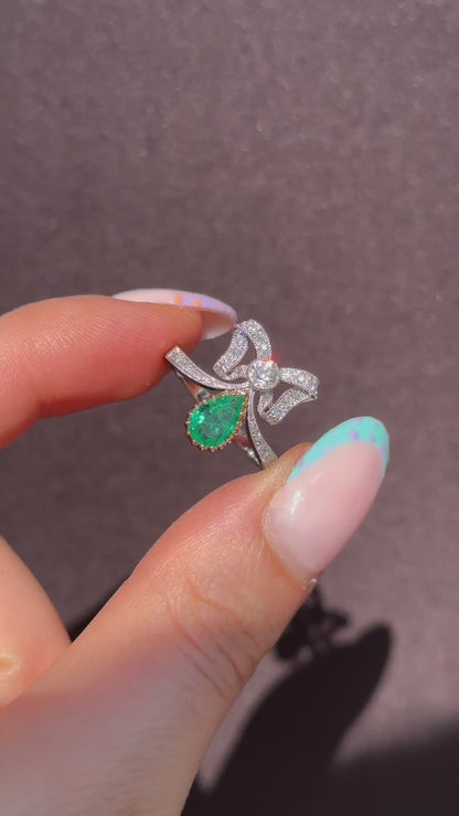 Pear Cut Emerald and Diamond Bow Platinum Tiara Ring | Engagement | Belle Epoque Style