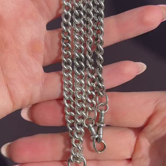 Antique 20.5" Sterling Silver Uniform Curb Link Chain Necklace with Double Dog Clip and T-bar