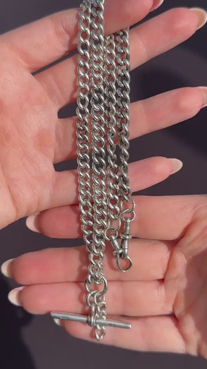 Antique 20.5" Sterling Silver Uniform Curb Link Chain Necklace with Double Dog Clip and T-bar