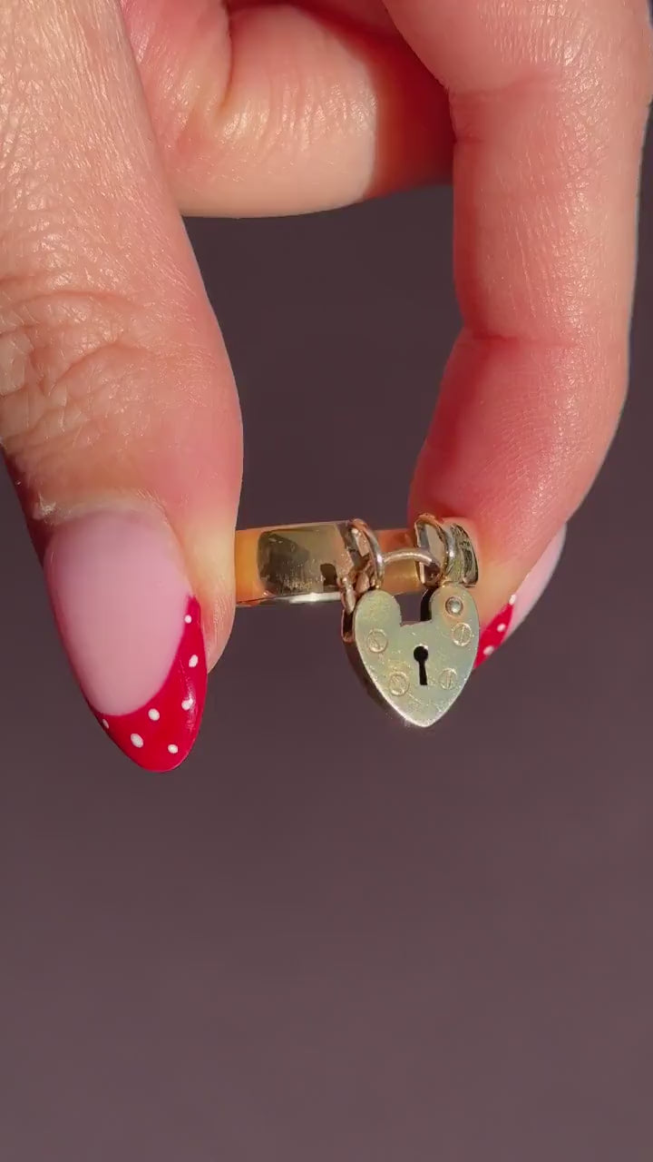Antique Victorian Heart Padlock Drop 9ct Yellow Gold Band Ring | Chester 1897