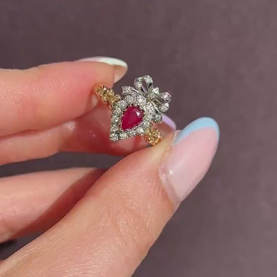 Ruby and Diamond Heart Bow 9ct Yellow Gold Ring | Antique Style