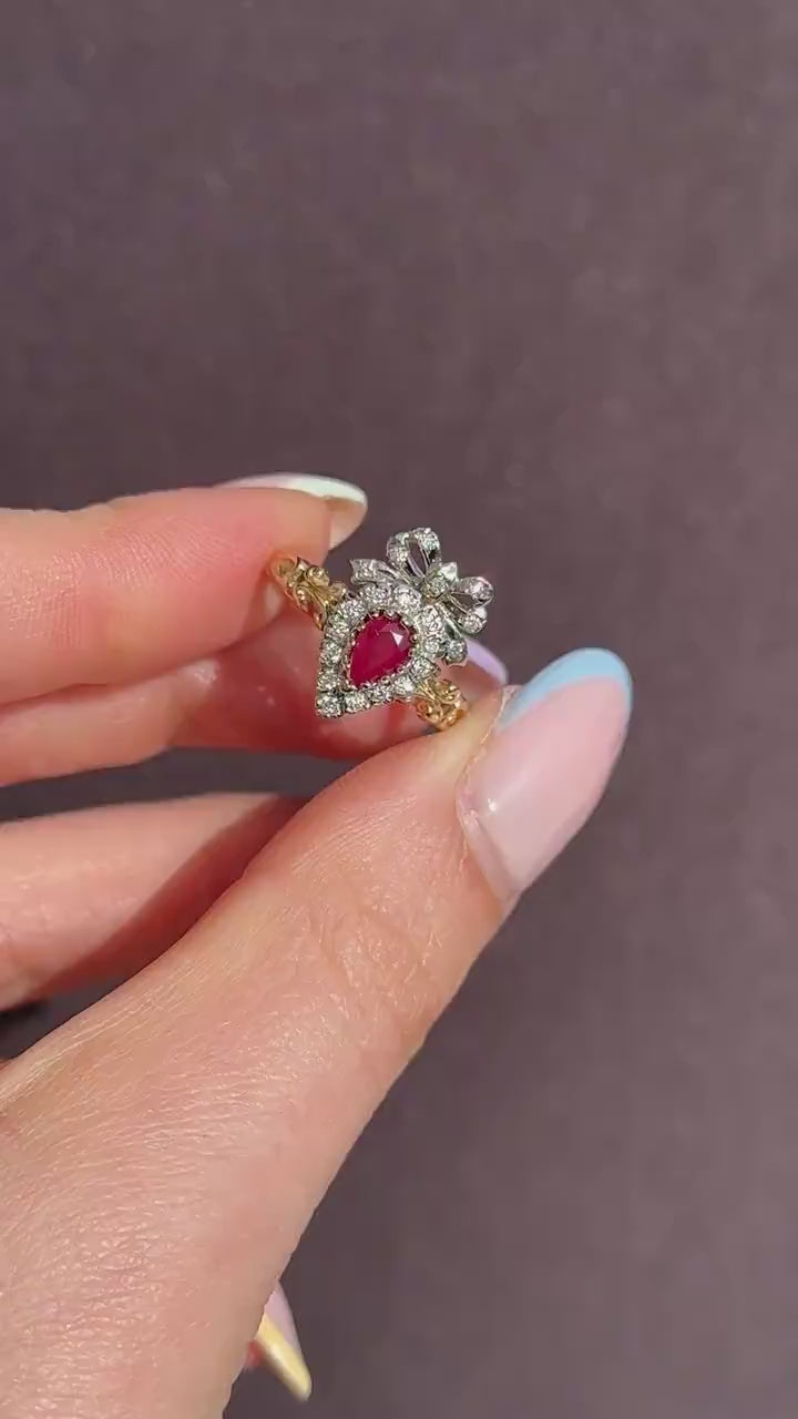 Ruby and Diamond Heart Bow 9ct Yellow Gold Ring | Antique Style
