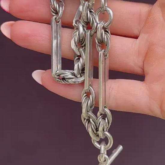 Antique '1901' Sterling Silver Trombone and Love Knot Albert Chain Necklace | 15.25"