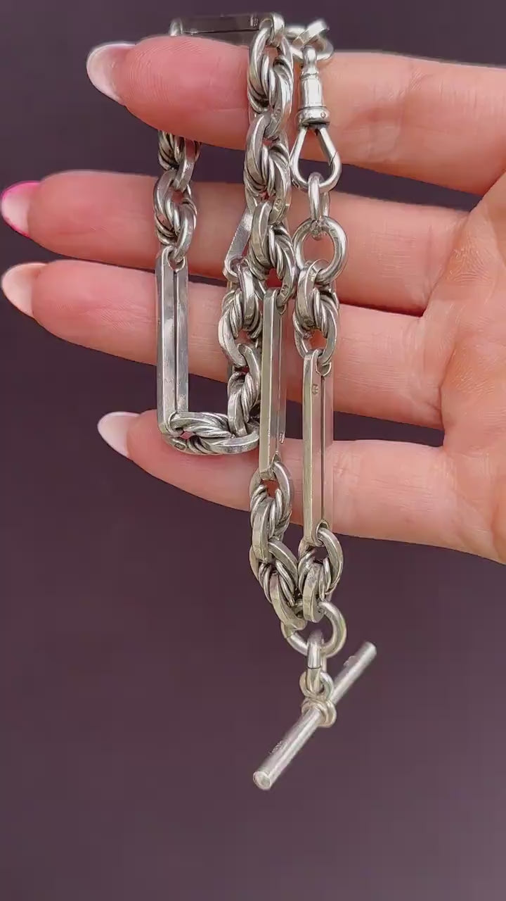 Antique '1901' Sterling Silver Trombone and Love Knot Albert Chain Necklace | 15.25"