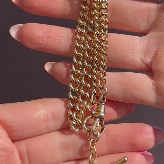 Antique 15ct Yellow Gold Bolt Ring and Dog Clip Albert Watch Chain Necklace 16"