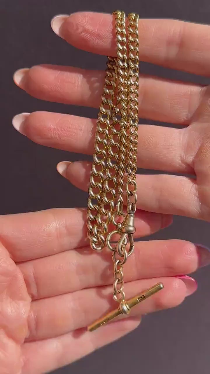 Antique 15ct Yellow Gold Bolt Ring and Dog Clip Albert Watch Chain Necklace 16"