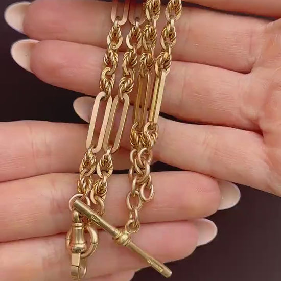 Antique '1918' 9ct Gold Trombone and Love Knot Link Albert Chain Necklace | 14.25"