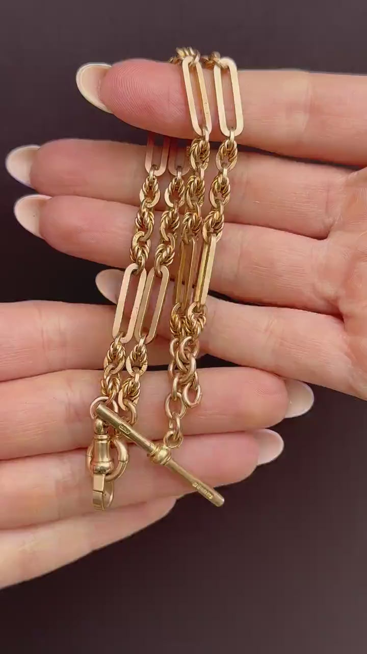 Antique '1918' 9ct Gold Trombone and Love Knot Link Albert Chain Necklace | 14.25"