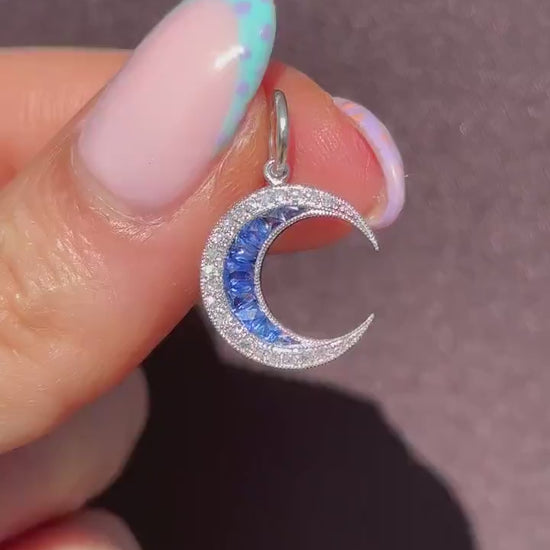 Antique Style Diamond and Blue Sapphire Crescent Moon Platinum Pendant