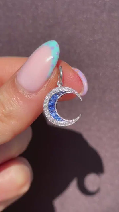Antique Style Diamond and Blue Sapphire Crescent Moon Platinum Pendant