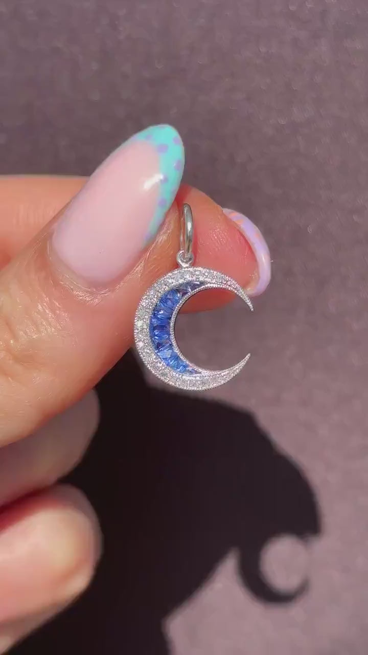 Antique Style Diamond and Blue Sapphire Crescent Moon Platinum Pendant