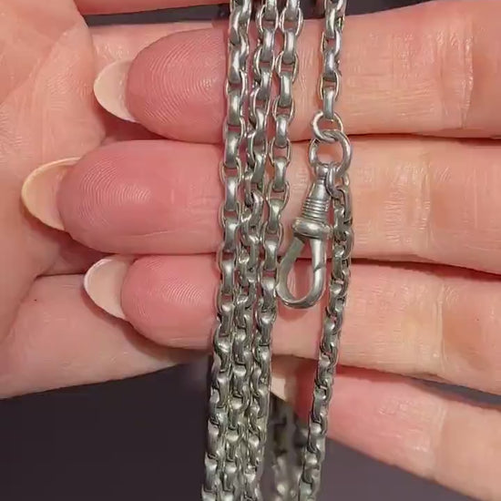 Antique Silver Long Guard Chain Necklace with Dog Clip | 59" Length
