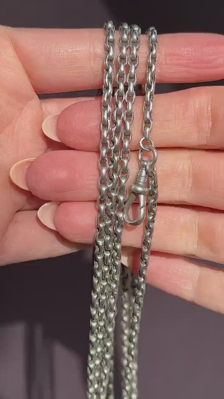 Antique Silver Long Guard Chain Necklace with Dog Clip | 59" Length