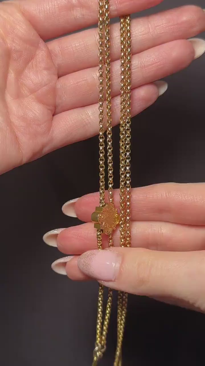 Antique 15ct Gold Chain Necklace with Engraved Slider and Hook | 32"