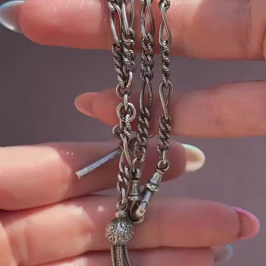 Antique Sterling Silver Figaro Double Albert Watch Chain Necklace with T-bar and Tassel– 16.5″