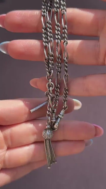 Antique Sterling Silver Figaro Double Albert Watch Chain Necklace with T-bar and Tassel– 16.5″