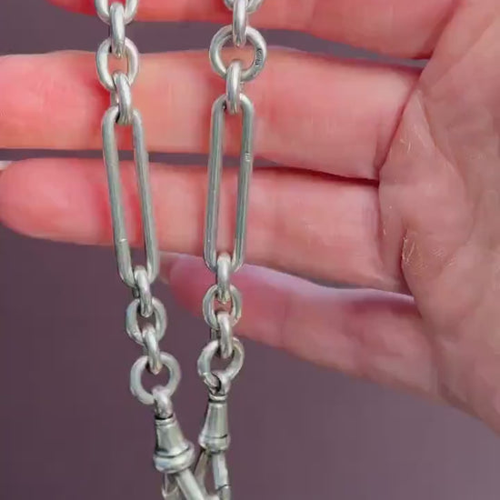 Antique Sterling Silver Trombone Watch Chain with Dog Clips and Detachable T Bar | 15.25"