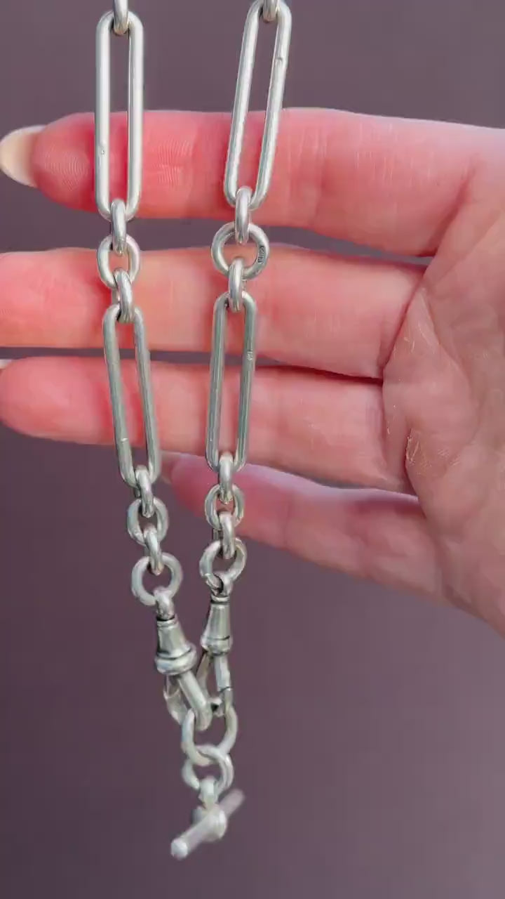 Antique Sterling Silver Trombone Watch Chain with Dog Clips and Detachable T Bar | 15.25"