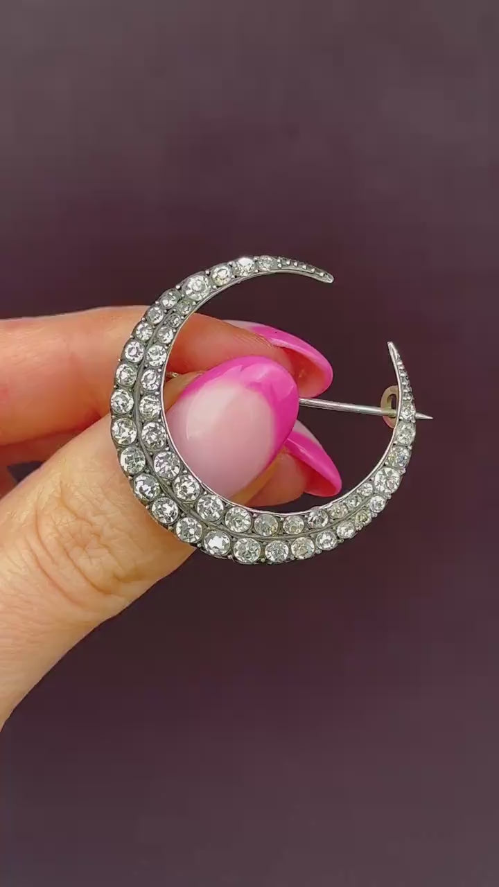 Antique Victorian Old Cut Paste Silver Crescent Moon Brooch