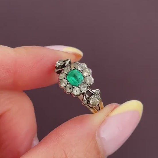 Antique Georgian Green Paste Cluster 9ct Gold and Silver Ring