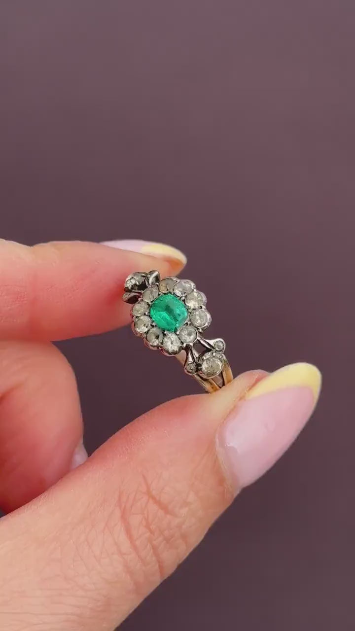 Antique Georgian Green Paste Cluster 9ct Gold and Silver Ring