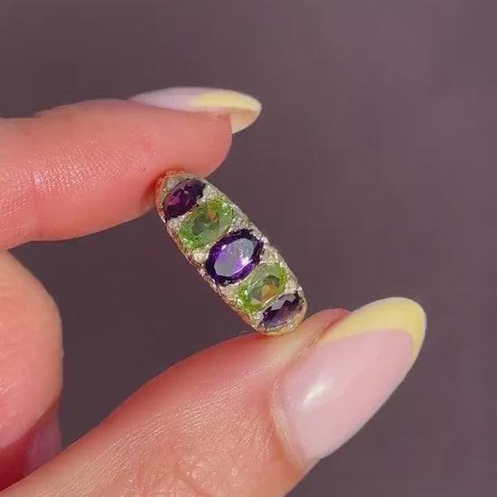 Antique Amethyst Peridot and Diamond Five Stone 18ct Gold Ring | Suffragette