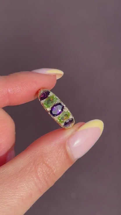 Antique Amethyst Peridot and Diamond Five Stone 18ct Gold Ring | Suffragette