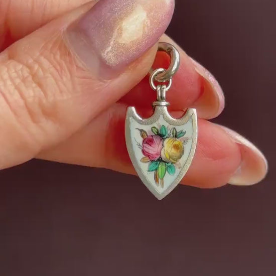 Antique Scandinavian Silver Enamel Floral Shield Charm Pendant